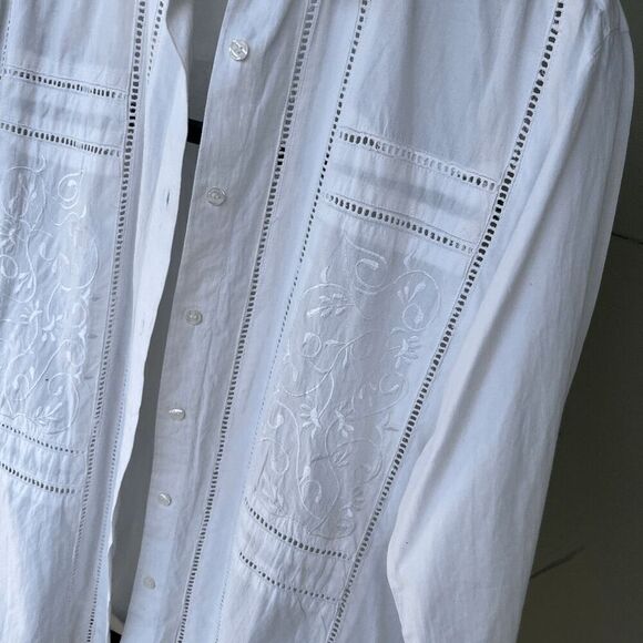 Vintage 80s White Cotton Floral Embroidered Eyelet Button-Up Shirt Top Blouse Si - Picture 4 of 8